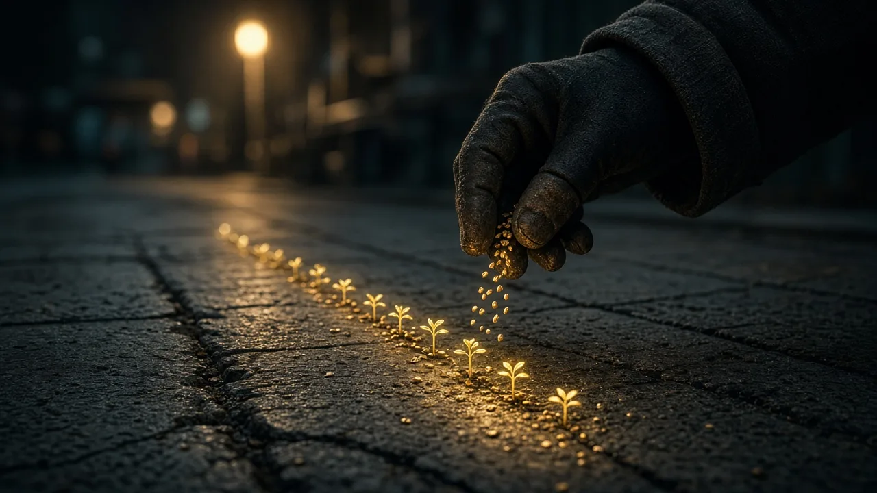 A hand scatters seeds on a cracked sidewalk; small gold sprouts rise