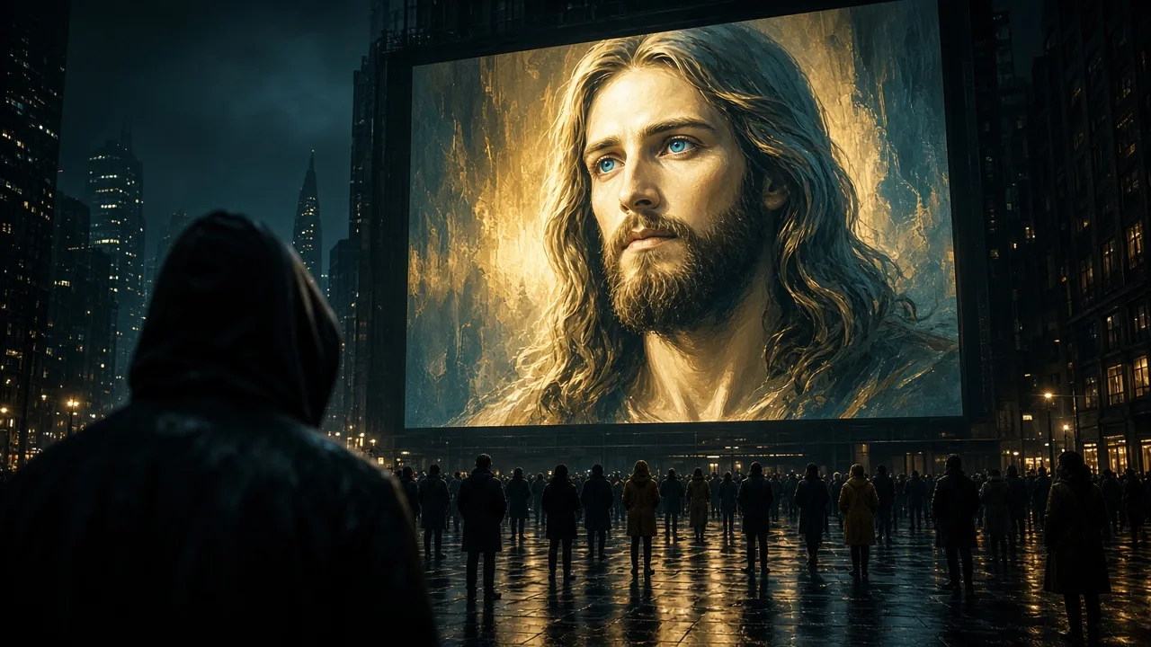 A crowd looks up at a giant painted face on a billboard; a hooded figure walks past behind them
