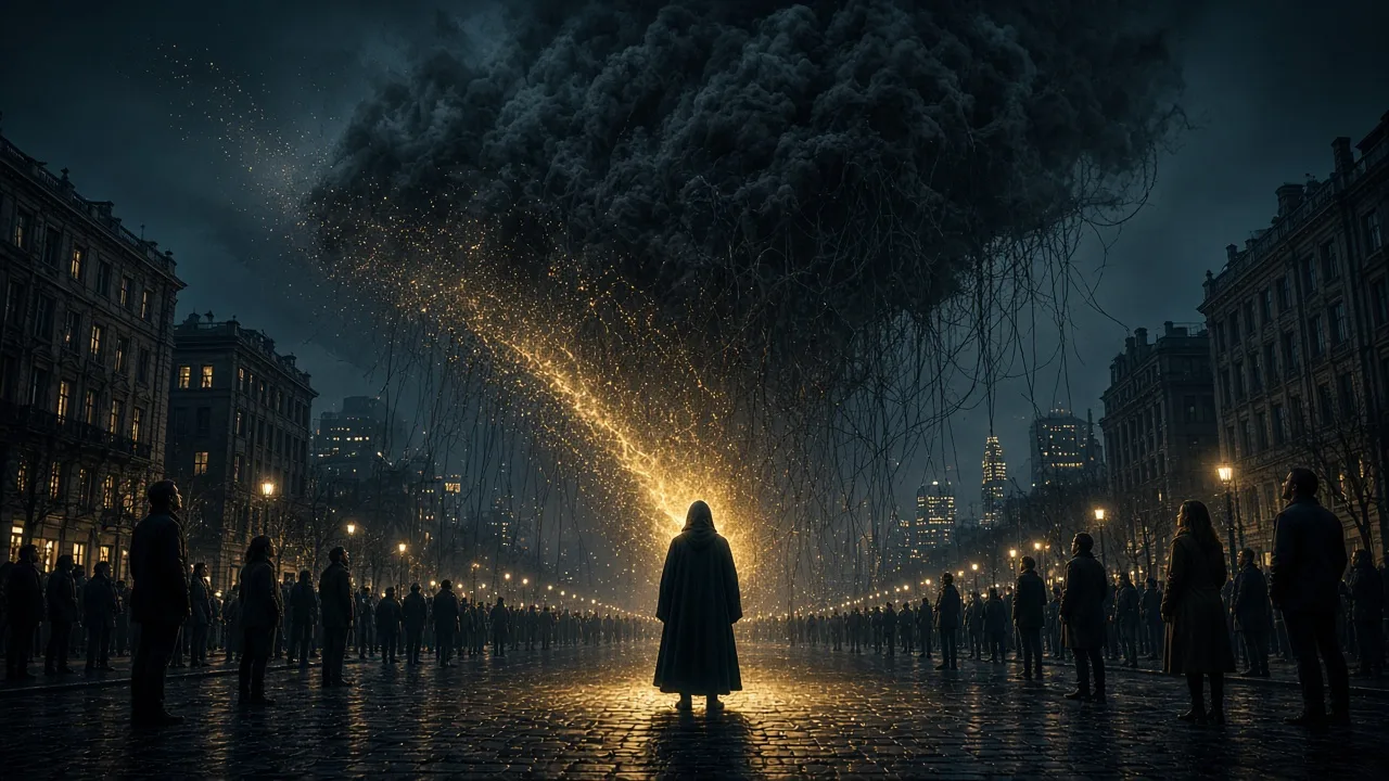 Gold light rises from a hooded figure as dark threads from a vast shadow over a city loosen and dissolve