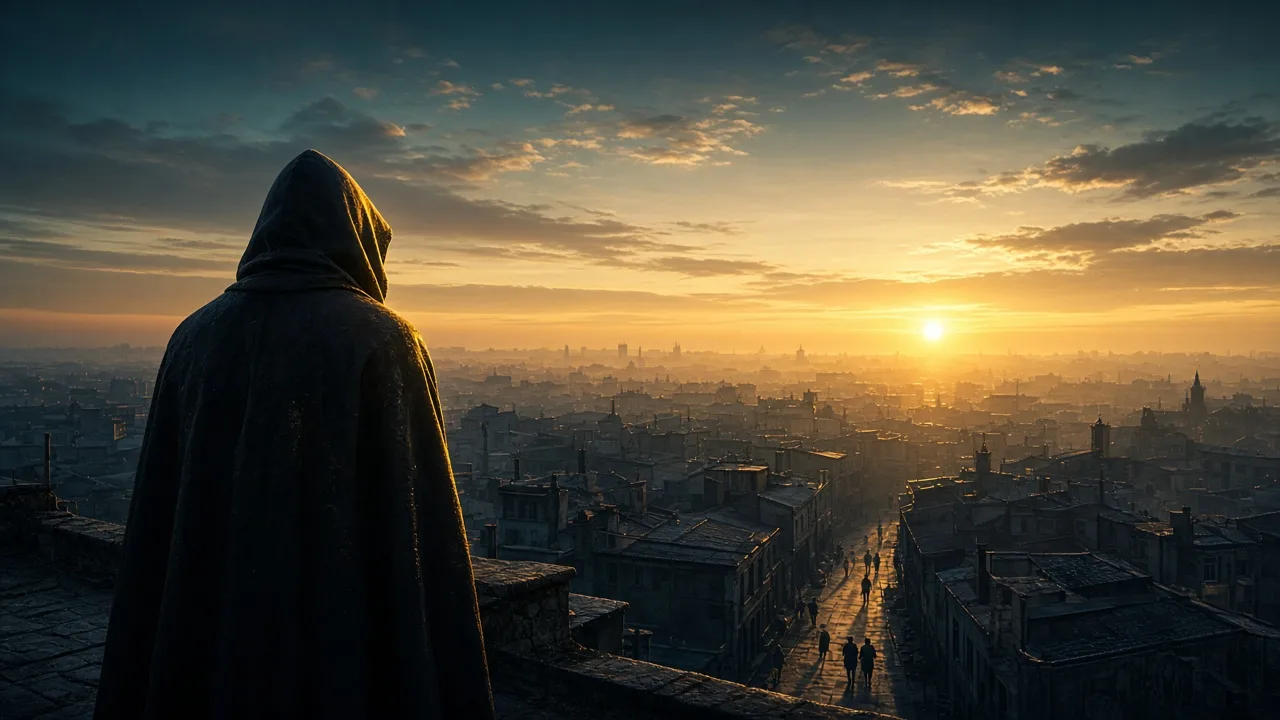At dawn a hooded figure looks over a waking city, light at the edge of the hood